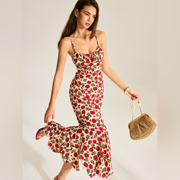 Floral Print Maxi Dress Bustier Milkmaid Red White Dress L Cc23-12 Last One!